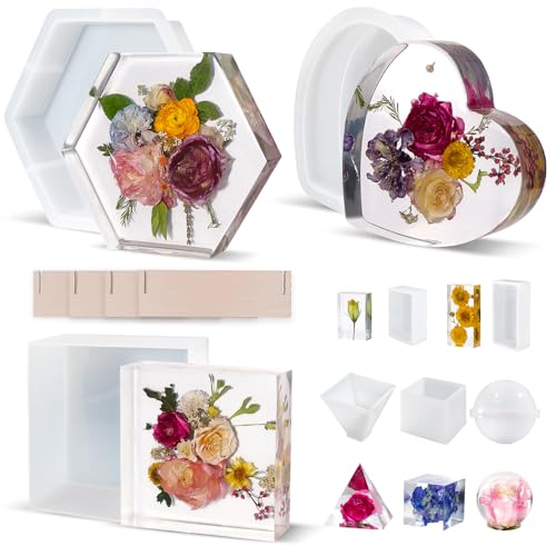 LET'S RESIN Deep Resin Molds, 8Pcs Flower Preservation Silicone Mold Set | Epoxy Resin Casting, Large Bouquet Keepsake Molds, Square, Hexagon & Heart Shapes, Silicone Molds for DIY Home Decor & Gifts - color: Resin Mold Set