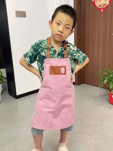 Canvas Aprons for Kids, Childrens Aprons with 4 Pockets and Card Slot Pocket for Painting Crafting Kitchen - color: Pink