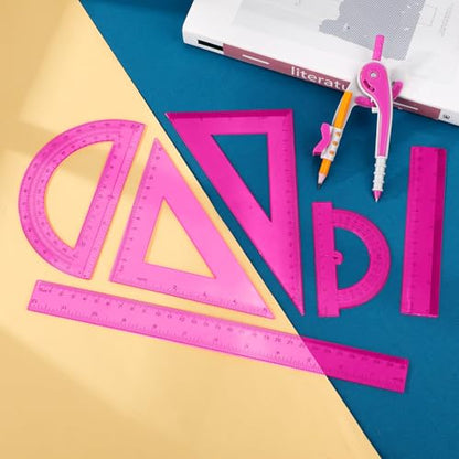 Zonon 1 Set Plastic Geometry Math Set 7 Pcs Includes 6'' / 4 '' Protractor, Drawing Compass, 45/60 Degree Triangle Rulers, 12'' / 6'' Math Ruler Transparent for Office Supplies(Pink) - color: Pink