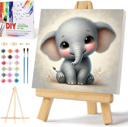 Mowana Elephant Paint by Numbers Kit for Kids Framed, Easy Paint by Number Kits for Adults Beginners with Easel DIY Acrylic Oil Painting Kits for Relaxing, Home Wall Decor and Gift 7.8x7.8inches - color: Baby Elephant
