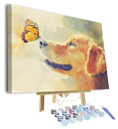TUMOVO Paint by Numbers Kit for Adults - Cute Golden Retriever Dog with Butterfly on Nose, Heartwarming Pet Art Painting by Numbers for Beginners, DIY Animal Canvas - 16x20 Inch(Framed) - color: Dog(Framed)