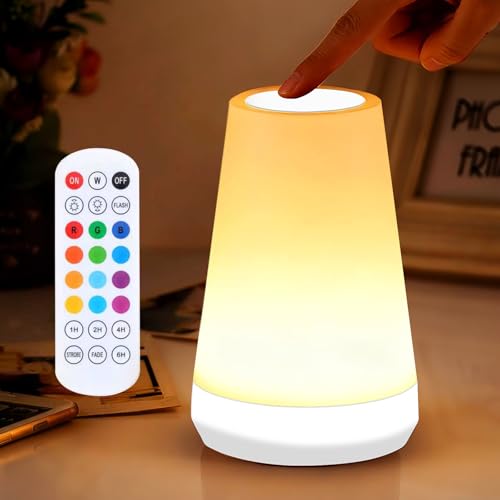 Night Light, Dimmable Touch Lamp and Remote Control, 13 RGB Colors & 5 Brightness, Rechargeable Bedside Table Lamp for Baby Kids Nursery Bedroom Bathroom Camping (White) - color: White