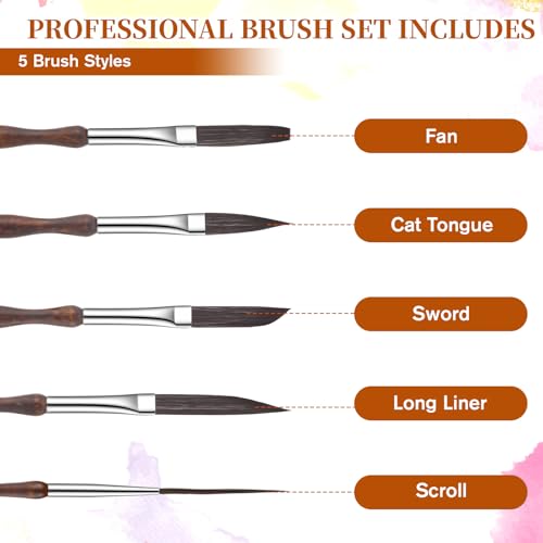 5 Pcs Pinstriping Brush Professional Travel Art Paintbrushes High Performance Striping Brushes Detail Script Liner Paint Brush Scroll Sword Dagger Brushes for Oil Painting Miniature Art Craft Projects