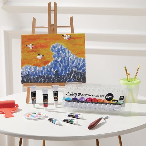 Artkey Acrylic Paint Set - 12 Vibrant Colors (12 ml/0.4 oz) Tubes, Rich & Professional Grade Pigments, Acrylic Paints for Canvas Wood Rock Clay Fabric Ceramics Art Crafts Painting - Art Supplies