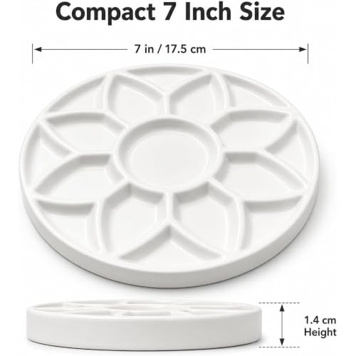 7 Inch Ceramic Watercolor Palette, Round White Flower Paint Tray | Petal-shaped color wells surround a center mixing area for watercolor, gouache, acrylic, ink and everyday art projects.