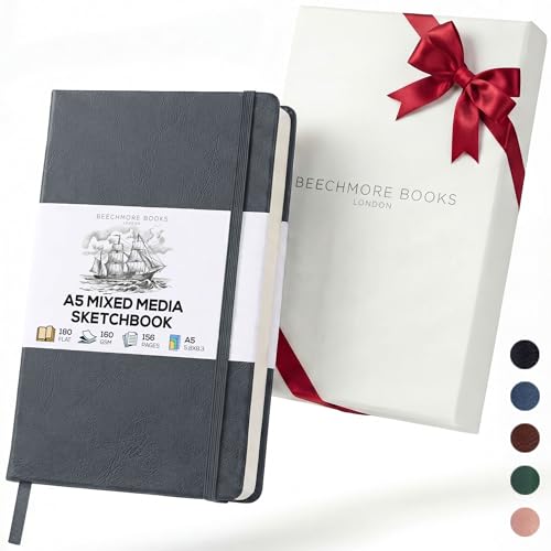 Beechmore Books A5 5.8x8.3 Mixed Media Sketchbook 160 GSM/98LB, Gift Box | Hardcover Art Journal with Lay-Flat Binding, 156 Perforated Ivory Pages, Portable Size for Drawing, Ink & Light Watercolor - color: Graphite Grey, size: A5 - 5.8" x 8.3" Medium