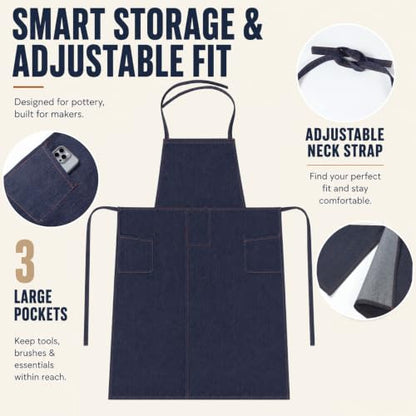 Denim Clay Pottery Apron, Long Blue Denim Cotton Split Leg Apron, 35" x 27" One Size Fits Most with Slanted Side Pockets for Potters for Chefs, Gardeners, and Artists