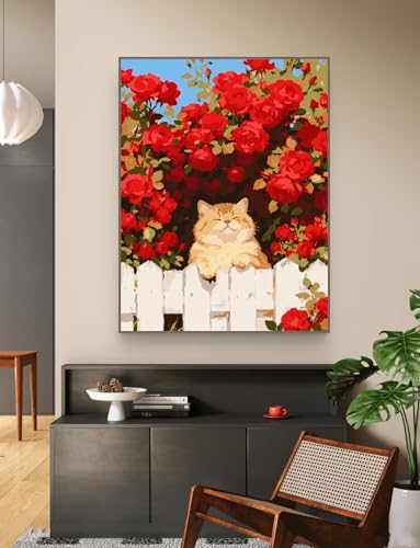 ZRIZQ Paint by Numbers Kit for Adults Beginner Animal,Cat Rose,16x20 | Full set with wooden brushes,rolled canvas,rich paints.Calming activity.Beginner friendly.Just open and paint. - color: 16"X20"Rolled Canvas(Frameless)-Cat 13