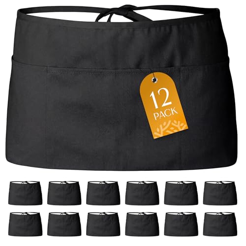 White Classic 12 Pack - Black Server Waist Aprons with 3 Pockets, Waitress Half Apron - color: Black Waist Apron - 12 Pack