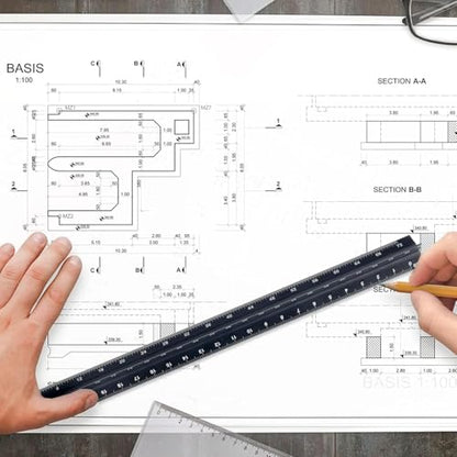 Engineer Scale Ruler, Imperial Measurements 12'', Laser-Etched Aluminum Architect Triangular Ruler Black for Architects, Students, Draftsman, and Engineers | Black, Laser-Etched Aluminum Architect Triangular Ruler for Architects, Students, Draftsman, and