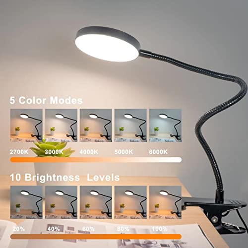 LiFMIRA Clip on Lamp, 8W 66 LED Bed Light for Reading, 5 Color Modes, 10 Brightness Levels, Eye Care, Flexible Gooseneck, Metal Clamp, USB Powered, Modern Design, Black | 5 Color Modes, 10 Brightness Levels, Eye Care Clip on Light, Flexible Gooseneck, Met