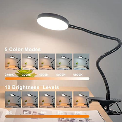 LiFMIRA Clip on Lamp, 8W 66 LED Bed Light for Reading, 5 Color Modes, 10 Brightness Levels, Eye Care, Flexible Gooseneck, Metal Clamp, USB Powered, Modern Design, Black | 5 Color Modes, 10 Brightness Levels, Eye Care Clip on Light, Flexible Gooseneck, Met