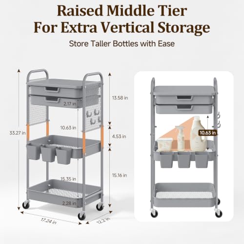 3 Tier Rolling Cart with 2 Drawers, Metal Utility Storage Carts with Wheels | Kitchen Rolling Cart 4.5" Deep Basket, Mesh Side Panel with 3 Cups, 4 Hooks for Office, Bedside, Craft Storage Cart - color: Dark Dray