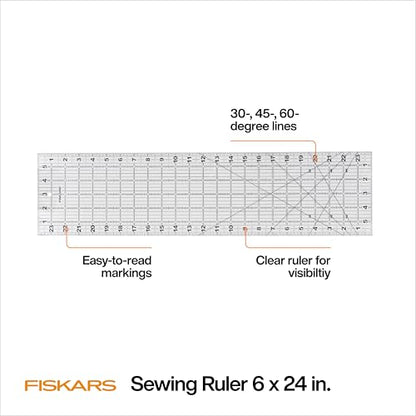 Fiskars 6" x 24" Sewing & Quilting Ruler with Gridlines, Clear/Black | Cut Fabric from the Bolt, Easy to Read Measurements, Quilting & Sewing Supplies for Arts and Crafts - size: 6" x 24"
