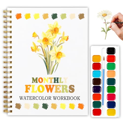 12 Months of Flowers Watercolor Set, Birth Flower Painting Book, DIY Art Kit for Beginners, Relaxing Floral Gift for Women & Adults, Stress Relief Watercolor Workbook - color: Yellow-Flowers