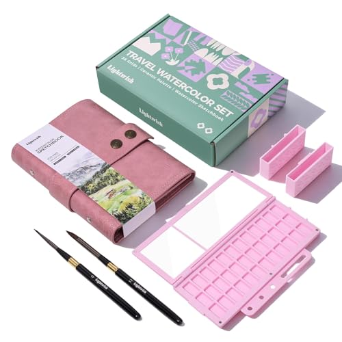 Travel Watercolor Sketchbook Set - 100% Cotton Cold Press 6.7x3.9 Inch Binder Art Journal with 36-Well Ceramic Paint Palette & 2 Travel Watercolor Brushes for Artists Outdoor Painting - color: Pink