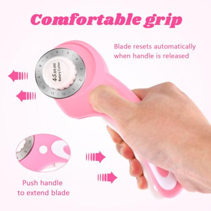 45mm Rotary Cutter for Fabric with 10pcs Replacement Blade, Rolling Fabric Cutter Crochet Edge Skip Stitch Blade for Quilting Crafts Sewing(COLOR:pink)