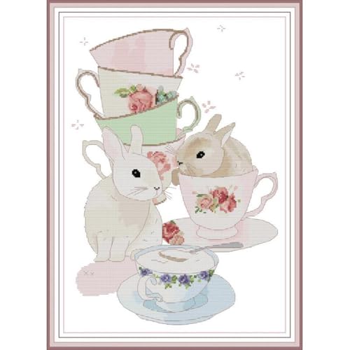 Rabbit Stamped Cross Stitch Kits 11CT Printed Cross Stitch for Adults Needlepoint Kits Animal Embroidery for Beginners DIY Gift Kids craft kit Home Decor - (Cup and Rabbit (Printed)) 18.1×24.8 inch - color: Cup and Rabbit (Printed)
