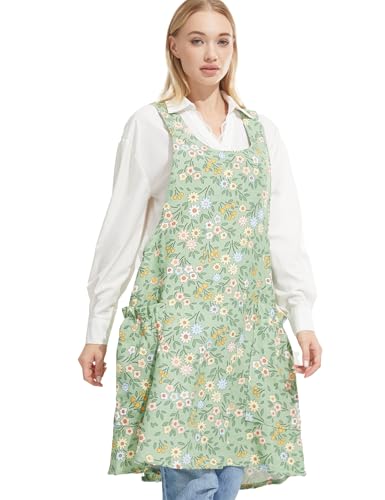 Cozy Adjustable Cross Back Aprons for Women with Pockets Cotton Linen Cooking Kitchen Baking - color: Green Sunflower