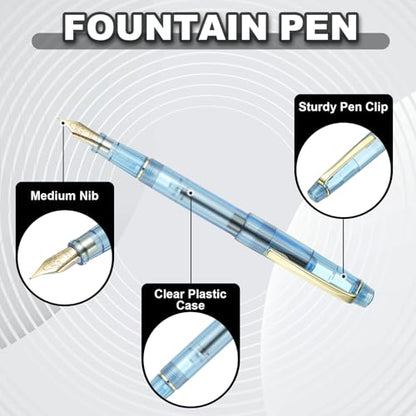 PATIKIL Fountain Pen Medium Nib, Fountain Pen Barrel Handcrafted Pen for Professional Office Journaling Gifts, Transparent Blue - color: Transparent Blue