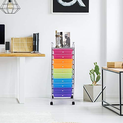 Happygrill 10-Drawer Storage Cart, Utility Cart with Removable Drawers & Metal Frame, Rolling Storage Cart with Lockable Wheels for Home, Office, Rainbow - color: Rainbow