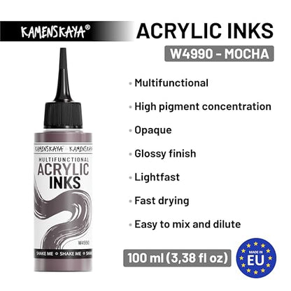 Acrylic Inks for Artists - 'Mocha' Acrylic Ink, 3.38 Fl Oz (100 ml) | Highly Concentrated, Multifunctional Liquid Acrylic Paint - color: Mocha