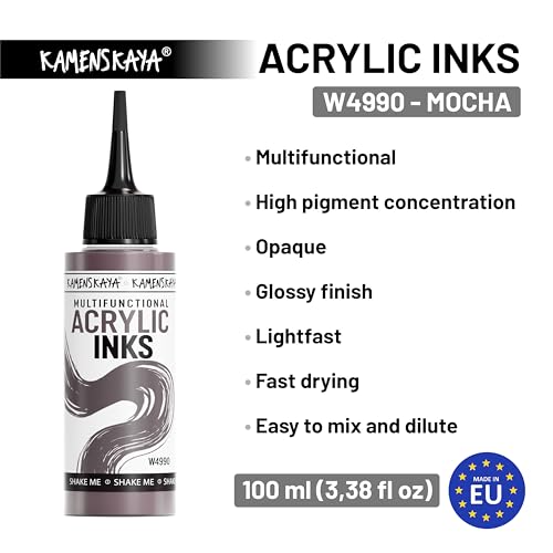 Kamenskaya Acrylic Inks for Artists - 'Mocha' Acrylic Ink, 3.38 Fl Oz (100 ml) | Highly Concentrated, Multifunctional Liquid Acrylic Paint - color: Mocha