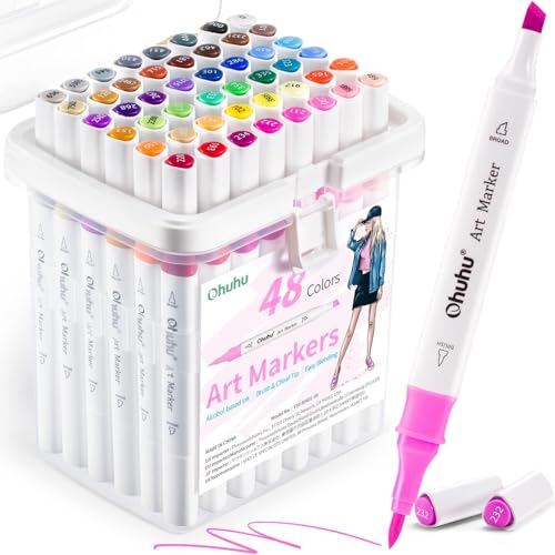 Ohuhu Alcoohol Markers Brush Chisel 48 Colors for Beginner Great Value Pack - color: Illustration Tones, size: 1 Count (Pack of 48)