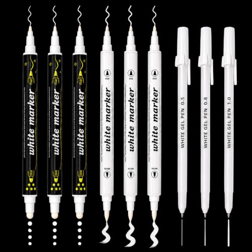 White Paint Pens Set, 9 Pack White Gel Pens and Acrylic Paint Markers | 0.5/0.8/1.0mm White Ink Pens, Dual Tip Dot Brush Fine Markers for Black Paper Drawing, Rock Painting, Card Making, DIY