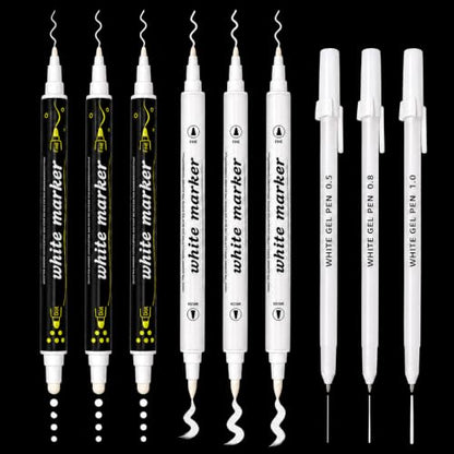 White Paint Pens Set, 9 Pack White Gel Pens and Acrylic Paint Markers | 0.5/0.8/1.0mm White Ink Pens, Dual Tip Dot Brush Fine Markers for Black Paper Drawing, Rock Painting, Card Making, DIY