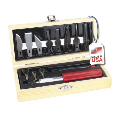 Excel Blades 14-Piece Woodworking Set – Precision Craft Knife Set with K5 Handle, Assorted Blades, Gouges & Routers With Storage Case – Ideal for Carving, Model Making & Craft – Made in the USA - color: Woodworking Set (Wooden Chest)