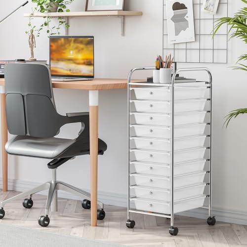 RELAX4LIFE Storage Cart W/10 Drawers,Rolling Wheels Mobile Cart | 34"H Metal Frame, Semi-Transparent Removable Drawers Rolling Wheels For Office School Home Beauty Salon File Craft Storage - color: Clear, size: 34''H