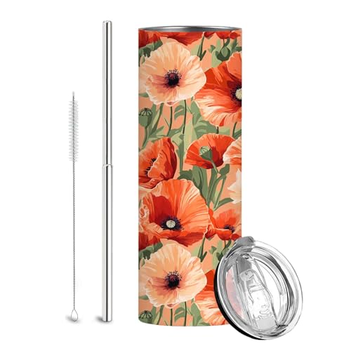 Firmiso 20 oz Tumbler | Skinny Insulated Travel Mug with Leak-proof Lid and Telescopic Straw | Poppy Floral Stainless Steel Coffee Cup for Hot & Cold Drinks | Christmas Gifts for Women and Men - color: Poppy Floral