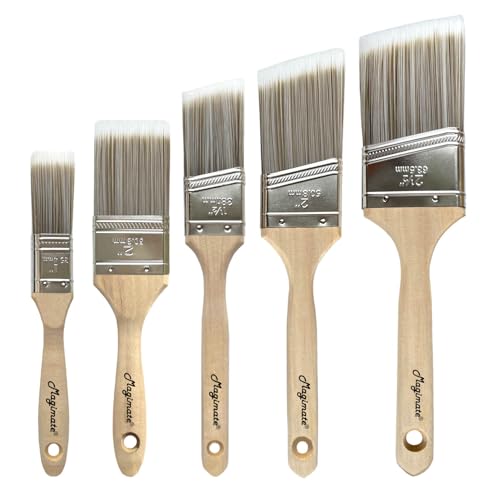 Magimate Wood Paint Brush Set, Angled Flat Assorted Stain Brushes Pack of 5 | Variety paint brushes 1.5" 2" 2.5" angled + 1" 2" flat; for baseboards fence window frame cabinet wood stain & wall touch-ups