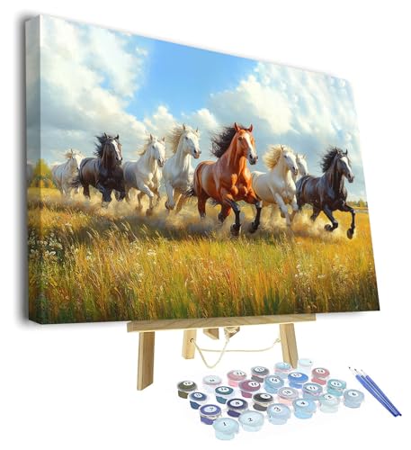 Adult Paint by Number Kits, Paint by Numbers Kit for Adults - Galloping Wild Horse Herd on Vast Prairie, Horse Running Landscape Painting on Canvas, DIY Relaxing Art Project, 16x20 Inch(Framed) - color: Horse(Framed)