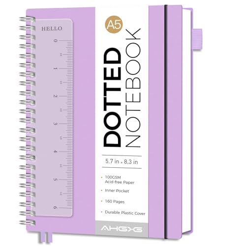AHGXG Dotted Journal, Grid Spiral Notebook, 160 Pages, A5 (5.7" x 8.3") | 100 GSM Thick Dot Paper, Waterproof Plastic Cover Journals for Journaling, Sketching (Purple) - color: Purple, style: A5-Dotted