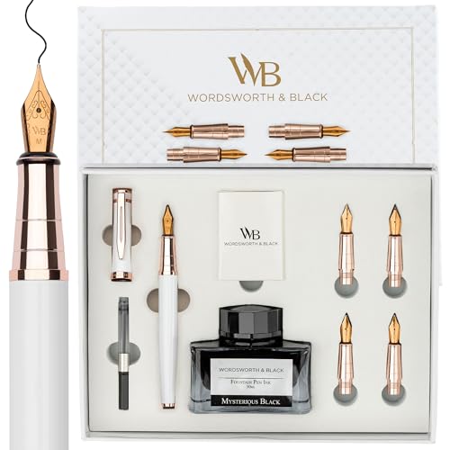 Wordsworth & Black Luxury Fountain Pen Set for Writing, 6 Nibs, White Rose | Fountain Ink Bottle, Cartridges & Refill Converter, Refillable, White, High End Gift for Men & Women, Journaling & Lettering - color: White Rose Gold