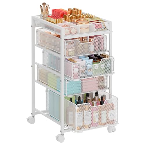 5-Tier Rolling Makeup Cart Organizer with 4 Drawers, Cosmetics Display with Dividers, Floor Skincare Storage with Wheels, Versatile Vanity Organizer for Nail Polish Perfume Brush Hair Tool, White - color: White, size: 5 Tier with 4 Drawers