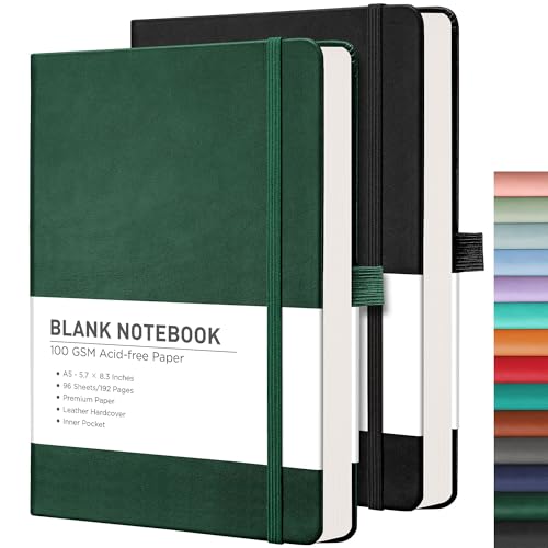 RETTACY Blank Journal Notebook, 192 Pages per Pack, A5 Size (5.7'' x 8.3'') - color: Black & Dark Green