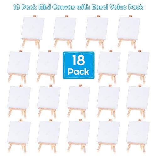 Mini Canvases 18 Pack, Cridoz Small Painting Canvas with Mini Easel 4x4 Inches Art Canvases Painting Kit for Adult Acrylic Pouring Oil Water Color