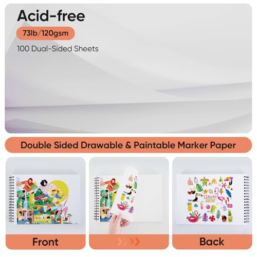 Artview 9" x 12" Marker Paper Pad, 100 Sheets, 73 lb/120 GSM Heavyweight Spiral Marker Paper, Bleed-Resistant for Alcohol Markers, Dual-Sided Drawing & Painting for Adults and Kids