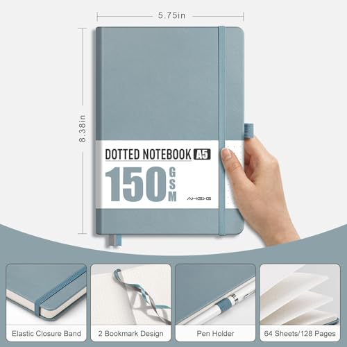 AHGXG Dotted Journal, 150 GSM Paper, 128 Pages, A5 (5.7'' X 8.3'') - color: Gray Blue, style: A5-Dotted-150G