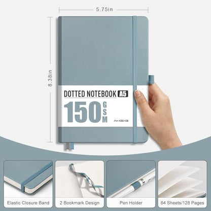 AHGXG Dotted Journal, 150 GSM Paper, 128 Pages, A5 (5.7'' X 8.3'') - color: Gray Blue, style: A5-Dotted-150G