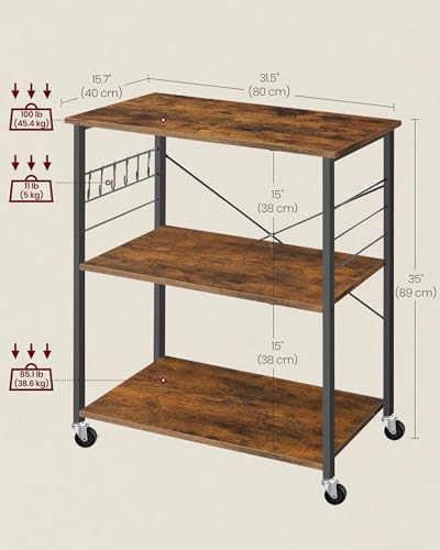 VASAGLE Kitchen Shelf on Wheels, 31.5 Inches Serving Cart with 3 Shelves - color: Rustic Brown + Ink Black, size: 31.5"W x 35"H, style: Shelf
