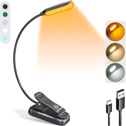 Glocusent Willow Book Light for Reading in Bed, 10 LED Bright Reading Light | 3 Colors & 3 Brightness, Rechargeable, 80Hrs, Lightweight, Clip on, Christmas Stocking Stuffers, Gifts, Book Lovers, Reader - color: Black