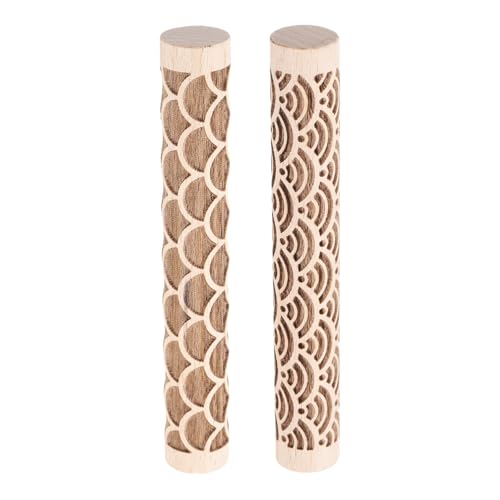 HARFINGTON 2pcs Wood Clay Roller 4"Water Wave Fan Pattern Rolling Pins Pottery Tools Wood Grain Texture Rollers for Clay Baking Dough Playdough DIY - style: Water Wave + Fan