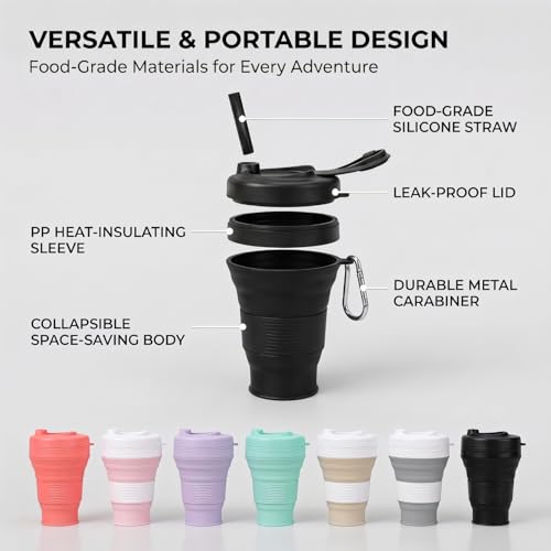 Silicone Coffee Cup with Straw lid Collapsible Cups for Traveling 20oz Lightweight Folding Water Mug for Picnic Hicking Camping Climbing (Black) - color: Black