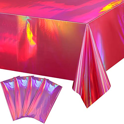 4 Pack Hot Pink Iridescent Plastic Tablecloths Shiny Disposable Laser Rectangle Table Covers Holographic Foil Tablecloth Iridescent Party Decorations Birthday Bridal Wedding Christmas, 54 x 108 Inch - color: Hot Pink