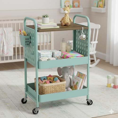 3 Tier Rolling Cart, Metal Storage Cart with Wooden Tabletop, Storage Cart with DIY Pegboards & Locked Wheels, Hooks & Hanging Cups for Any Room - color: Green