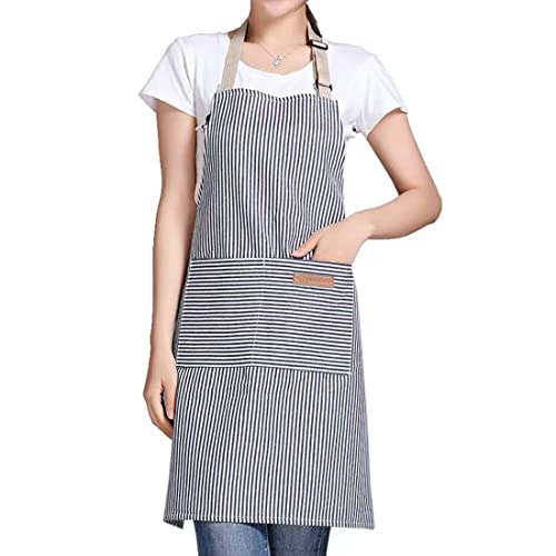 RUIBOLU Adjustable Bib Apron with 2 Pockets Cooking Kitchen Cotton Aprons for Women Men Chef Restaurant BBQ Painting - color: Khaki Stripes